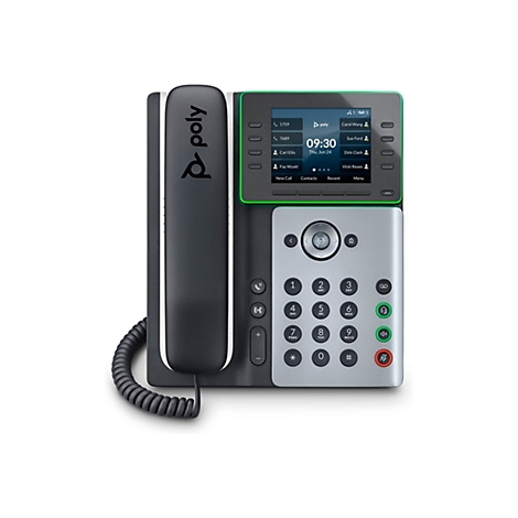 Schwarzes Poly IP-Telefon mit farbigem Display, Tastatur und Hörer vor weißem Hintergrund.