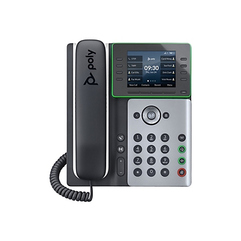 Festnetztelefon mit Display, Zahlenfeld und Hörer; schwarz, silber und grün.