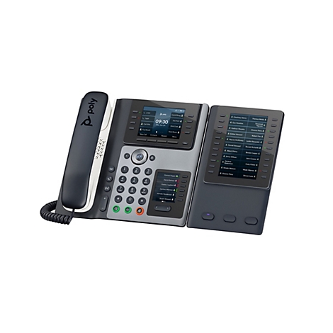 Ein graues Tischtelefon mit schwarzem Hörer und zusätzlichem Tastenfeld. Auf dem Display werden Uhrzeit, Datum und Kontaktinformationen angezeigt.