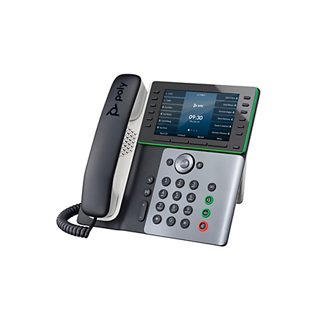 Ein graues Tischtelefon mit Display und grün umrandeten Elementen. Auf dem Display werden Kontakte und Uhrzeit angezeigt. Das Telefon hat einen Hörer mit Poly-Logo.