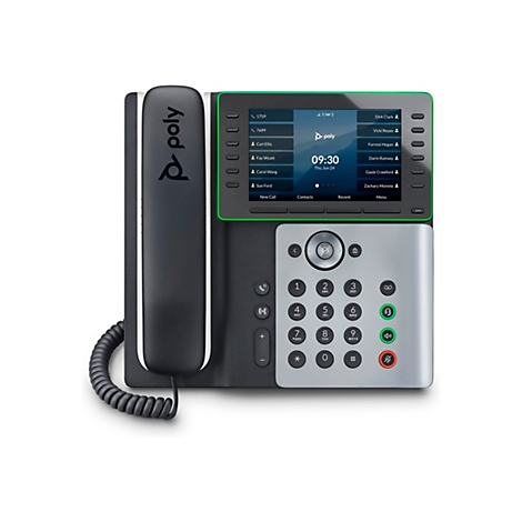 Ein schwarzes Poly-Tischtelefon mit grünem Bildschirm. Auf dem Bildschirm sind Optionen wie "Anrufliste", "Kontakte", "Kürzlich" und "Menü" zu sehen. Das Telefon hat silberne Knöpfe, darunter Ziffern und Funktionstasten.