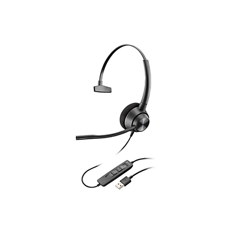 Schwarzes Headset mit Mikrofon. Mikrofon, Lautstärke- und Stummschaltungstasten, USB-Anschluss.