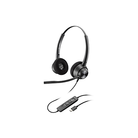 Ein schwarzes Headset mit Mikrofon und Kabel, das an eine Fernbedienung mit Knöpfen und einem USB-C-Stecker angeschlossen ist. Auf weißem Hintergrund.