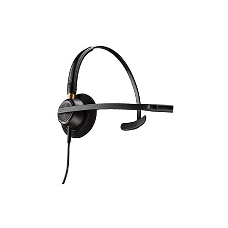 Ein schwarzes Headset mit Mikrofon auf weißem Hintergrund, mit silbernen und kupferfarbenen Akzenten und dem Plantronics-Logo.