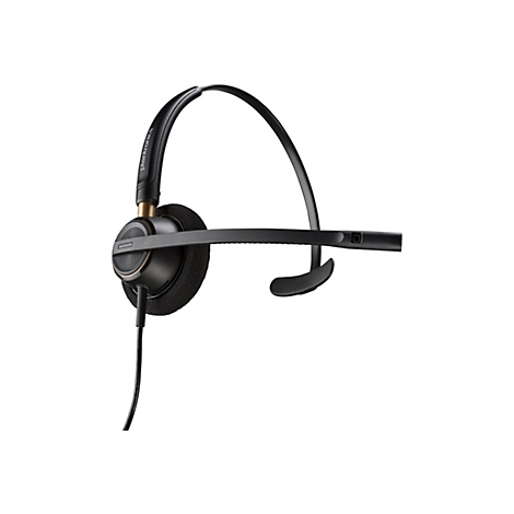 Schwarzes Headset, auf weißem Hintergrund. Der Schriftzug Plantronics ist auf dem Bügel erkennbar.