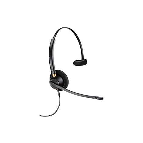 Schwarzes Plantronics Headset mit Mikrofon auf weißem Hintergrund.