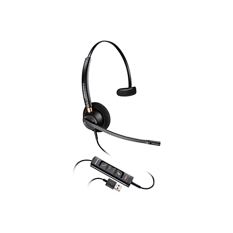 Ein schwarzes Headset mit Mikrofon und Kabel vor weißem Hintergrund. Der Bügel trägt den Schriftzug Plantronics.