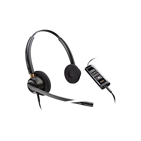 Schwarzes Plantronics-Headset mit Ohrpolstern und Mikrofon. Inklusive Steuereinheit mit Knöpfen.