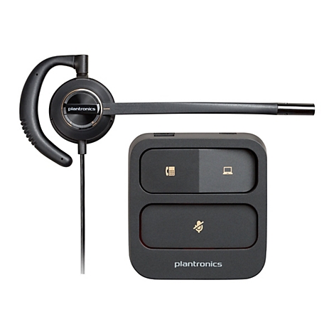Ein schwarzes Plantronics-Headset und eine Basisstation auf weißem Hintergrund. Die Basisstation hat zwei Tasten mit Telefon- und Laptop-Symbolen.