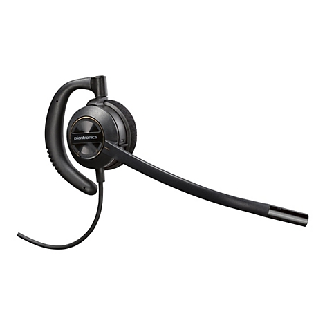 Schwarzes Plantronics Headset für ein Ohr mit langem Mikrofonarm vor weißem Hintergrund.