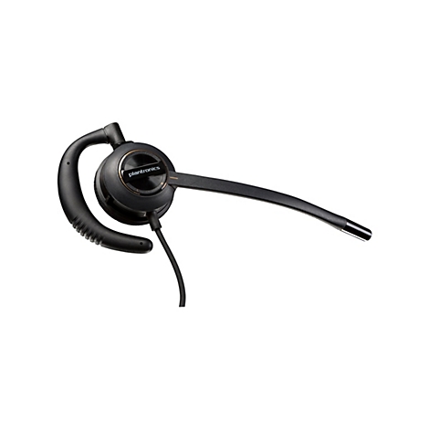 Schwarzes Plantronics-Ohrbügel-Headset mit Mikrofonarm und Kabel vor weißem Hintergrund.