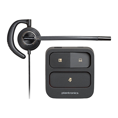 Schwarzes Plantronics Headset mit Ladestation und Bedientasten für Telefon, PC und Stummschaltung.