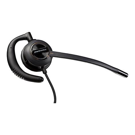 Schwarzes Plantronics-Headset mit Mikrofon auf weißem Hintergrund.