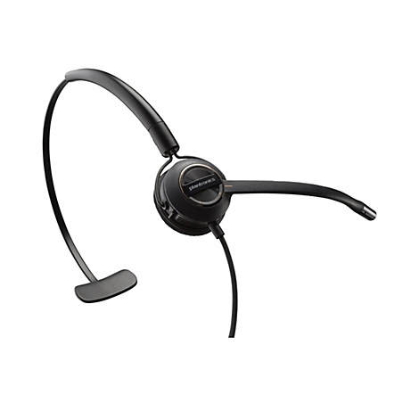 Schwarzes Plantronics-Headset mit einseitigem Ohrhörer und Mikrofonarm vor weißem Hintergrund.