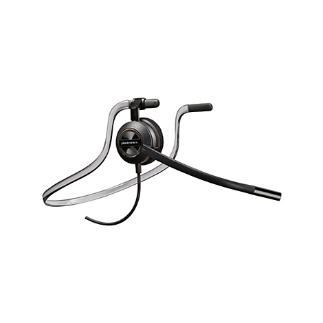 Schwarzes Plantronics Headset mit Nackenbügel, einseitigem Ohrpolster und langem Mikrofonarm vor weißem Hintergrund.