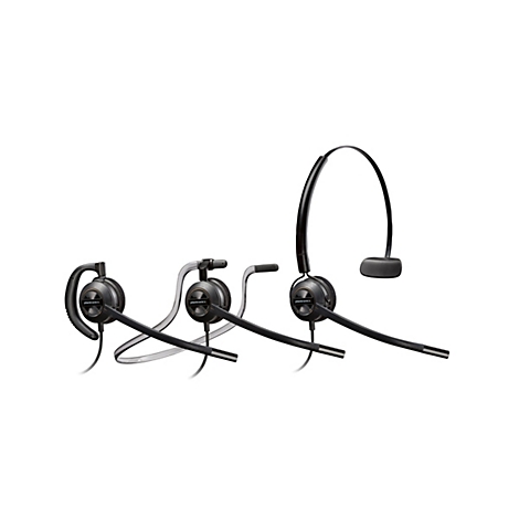 Drei schwarze Plantronics Headsets mit unterschiedlichen Tragevarianten vor weißem Hintergrund.