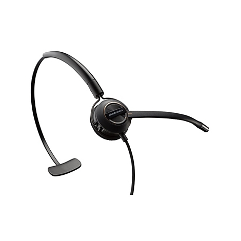 Schwarzes einohrigen Plantronics Headset mit Kopfbügel und Mikrofonarm vor weißem Hintergrund.