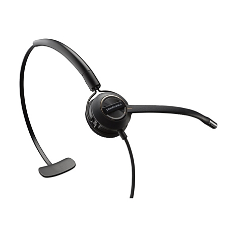 Schwarzes Plantronics-Headset mit Bügel und Mikrofon. Der Kopfhörer ist auf weißem Hintergrund abgebildet.