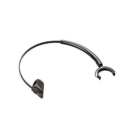 Schwarzes Headset, gebogen über den Kopf, mit Ohrmuschel und Ohrbügel. Auf weißem Hintergrund.