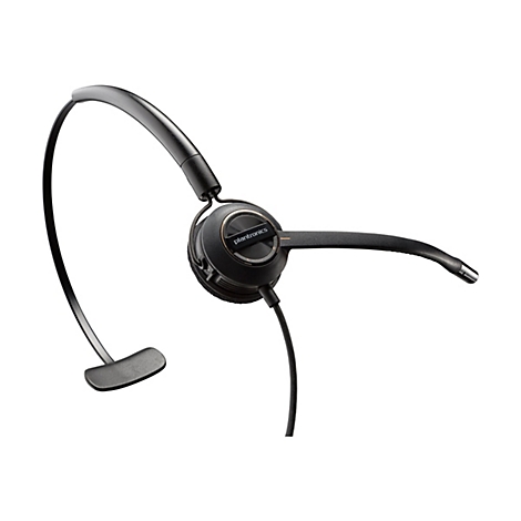 Ein schwarzes Headset mit Mikrofon auf weißem Hintergrund. Der Name Plantronics ist auf dem Kopfhörer zu sehen.