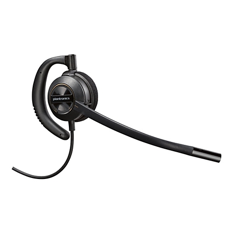 Schwarzes Plantronics Headset mit Mikrofon auf weißem Hintergrund.