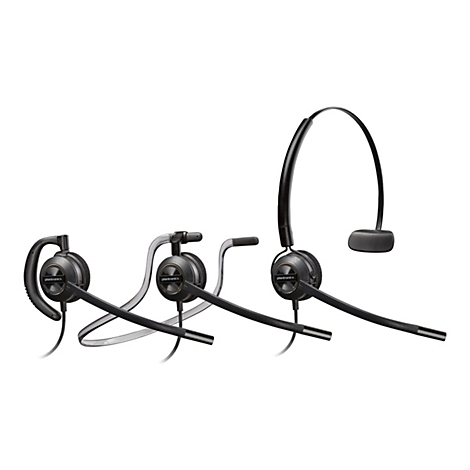 Drei schwarze Plantronics Headsets auf weißem Hintergrund. Jedes hat einen verstellbaren Bügel und Mikrofon.