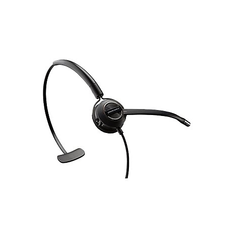 Schwarzes Plantronics-Headset mit Bügel und Mikrofon, Kabel, vor weißem Hintergrund.