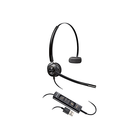 Schwarzes Plantronics-Headset mit Bügel und Mikrofon, mit einem integrierten Bedienelement, das an ein USB-Kabel angeschlossen ist.