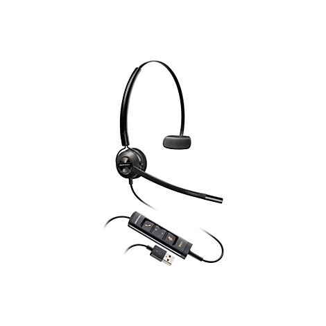 Schwarzes Plantronics Headset mit USB-Anschluss und Bedienelementen, vor weißem Hintergrund.