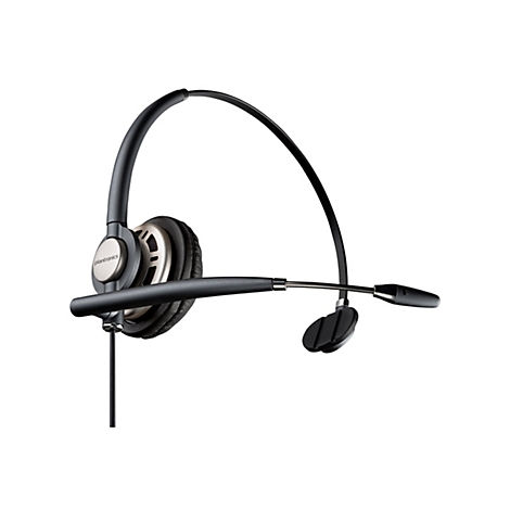 Ein schwarzes Headset mit Mikrofon auf weißem Hintergrund. Der Kopfhörer hat ein gepolstertes Ohrpolster und das Plantronics-Logo.