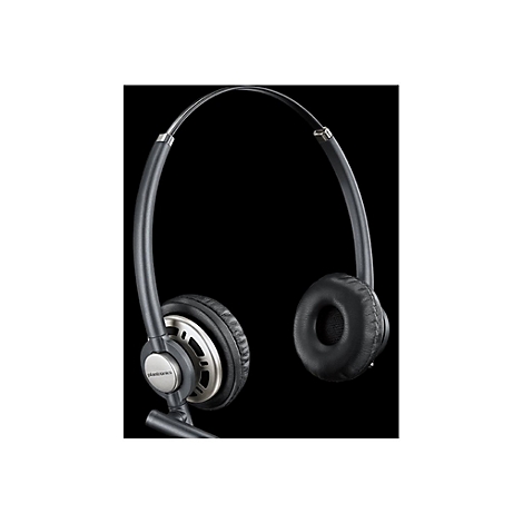 Schwarzes Plantronics-Headset mit gepolsterten Ohrmuscheln und verstellbarem Kopfbügel vor schwarzem Hintergrund.