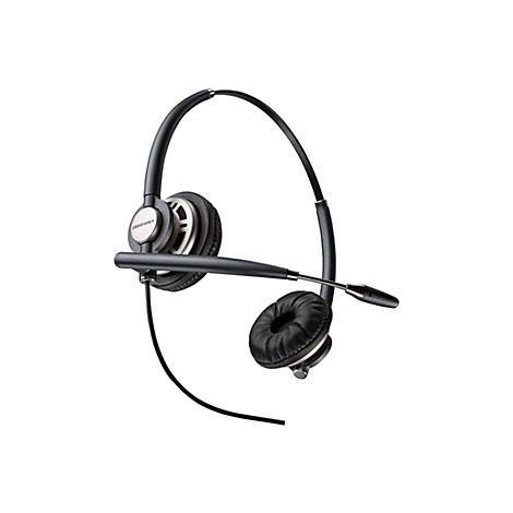 Ein schwarzes Headset mit Ohrmuscheln, Mikrofon und Bügel; Logo "plantronics".