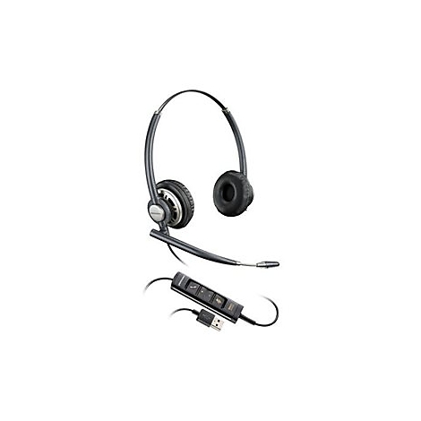 Graues Headset mit Mikrofon und USB-Anschluss, liegt auf weißem Hintergrund.