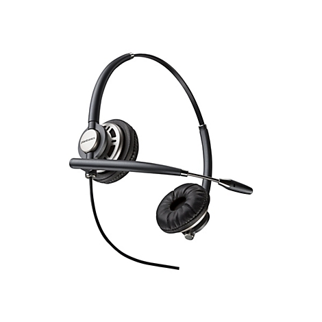 Ein schwarzes Headset mit Ohrmuscheln, Mikrofon und Bügel. Das Logo "plantronics" ist auf einer Ohrmuschel zu sehen.