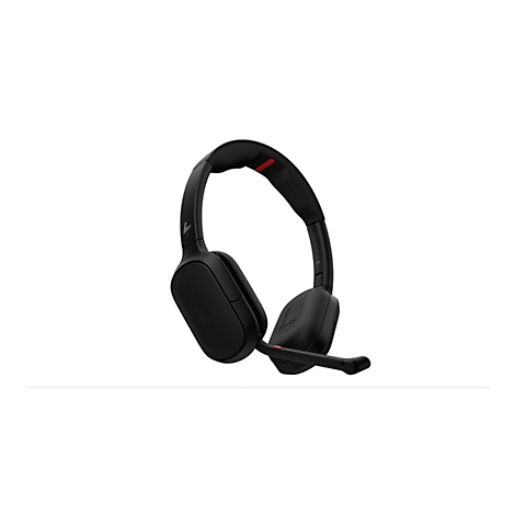 Schwarzes Poly Focus 6 Headset mit Mikrofonarm vor weißem Hintergrund.