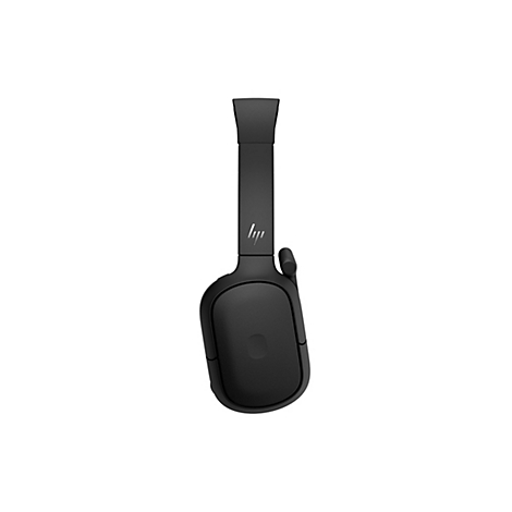 Schwarzes HP Headset in Seitenansicht vor weißem Hintergrund mit Firmenlogo.