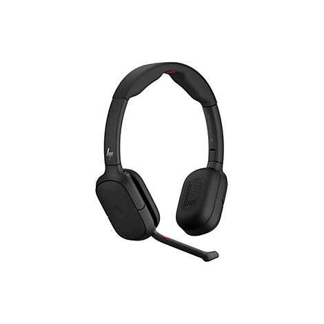 Schwarzes Poly Focus 6 Headset mit Mikrofonarm vor weißem Hintergrund.