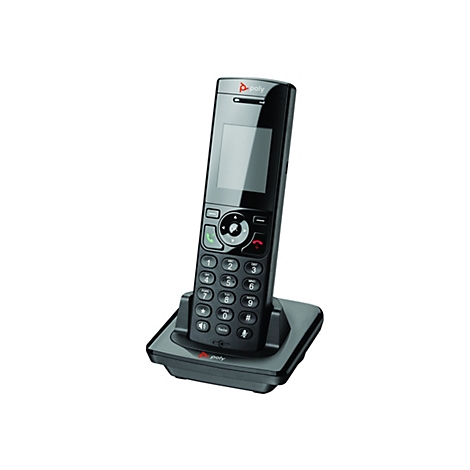 Schwarzes schnurloses Telefon auf Ladestation. Es zeigt Tasten mit Ziffern und Buchstaben, sowie ein Display und das Logo "poly".