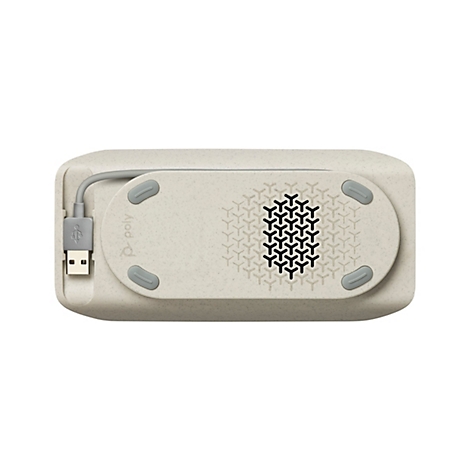Boîte rectangulaire beige clair avec coins arrondis, éléments gris et un câble USB. Dessus à motifs et trois pieds gris.