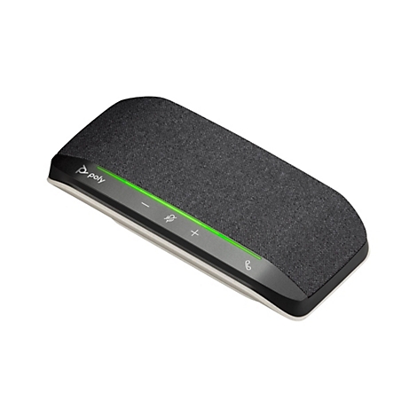 Haut-parleur gris rectangulaire avec logo Poly. En haut, une barre verte avec des boutons. Bordure blanche en bas.