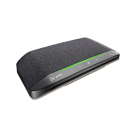 Système de conférence Poly noir rectangulaire avec boutons de microphone et de volume, lumière verte et logo Poly. Sur fond blanc.