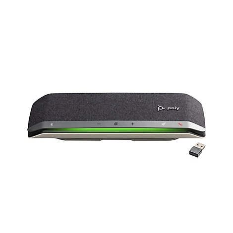 Un appareil gris et oblong avec des boutons et une lumière verte. Plus un adaptateur USB.