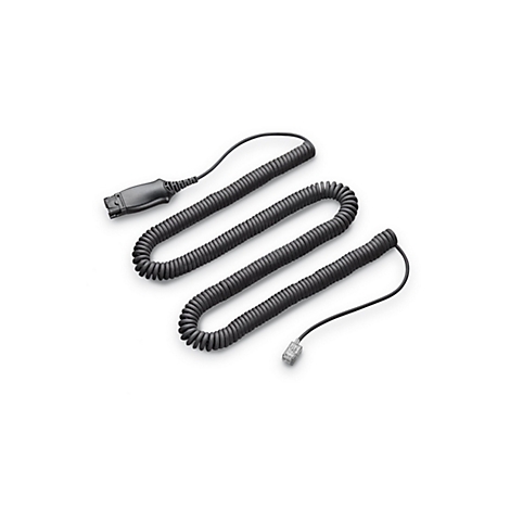 Schwarzes Telefonkabel mit gewundener Textur, das auf einer weißen Oberfläche liegt.