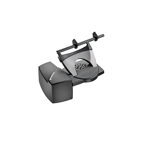 Schwarze Ladeschale für ein Headset. Oben ein Bügel, um das Headset zu fixieren. Auf der Seite ist der Markenname Plantronics aufgedruckt.