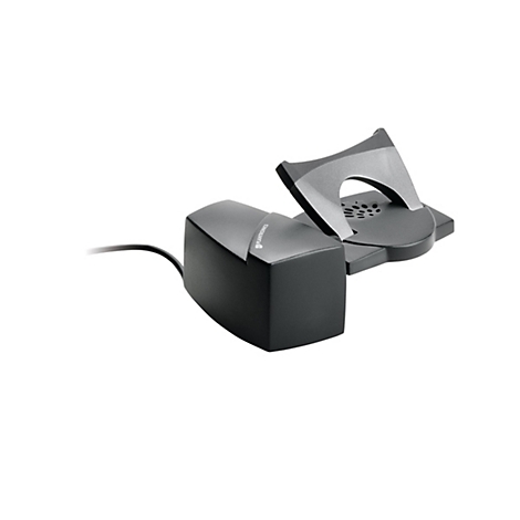Ein schwarzes Plantronics-Headset-Ladegerät, bestehend aus einem rechteckigen Sockel und einer Halterung. Das Plantronics-Logo ist deutlich sichtbar.