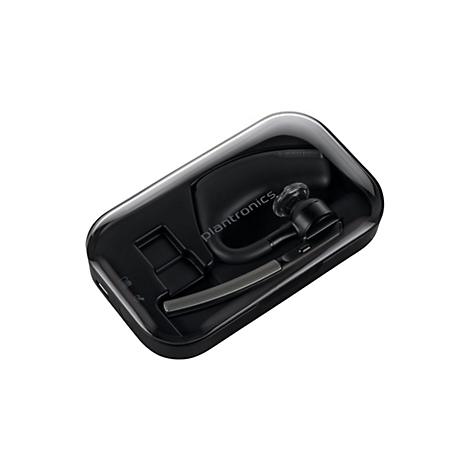 Schwarzes Plantronics Bluetooth-Headset in einer transparenten Hülle, links oben. Der Schriftzug "Plantronics" ist deutlich sichtbar.