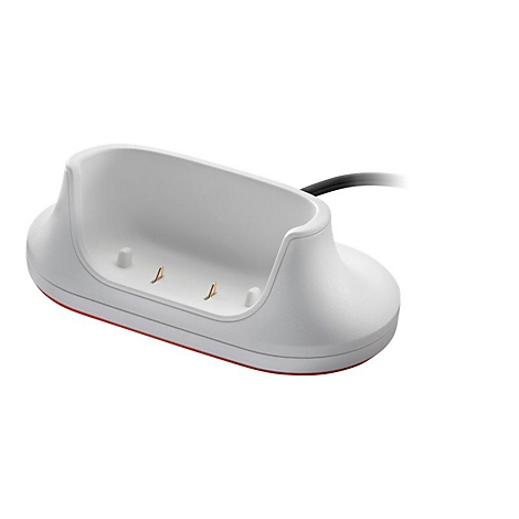 Weiße Ladestation mit roter Umrandung und Kontaktstiften, schwarzes Kabel. Der Hintergrund ist weiß.