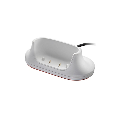 Weisse Ladestation für ein elektronisches Gerät mit roter Unterseite und schwarzem Kabel.