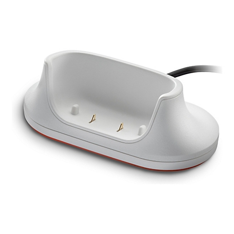 Hellgraue Ladestation mit orangefarbenem Akzent. Sie hat eine geschwungene Form und drei goldfarbene Kontaktstifte.