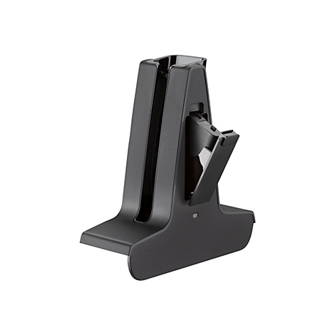 Schwarze Ladestation für ein elektronisches Gerät, mit einer klappbaren Halterung.